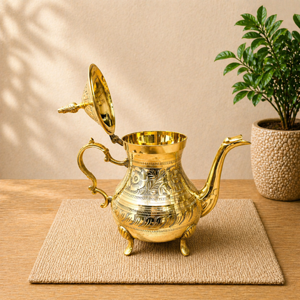 Brass Leaf Design Mughlai Tea Pot with Lid