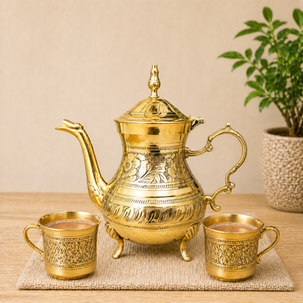 Brass Leaf Design Mughlai Tea Pot with Lid