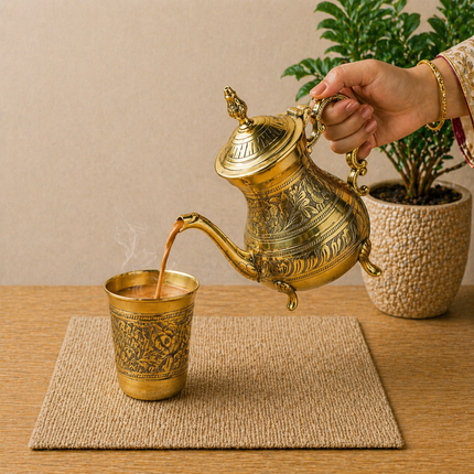 Brass Leaf Design Mughlai Tea Pot with Lid