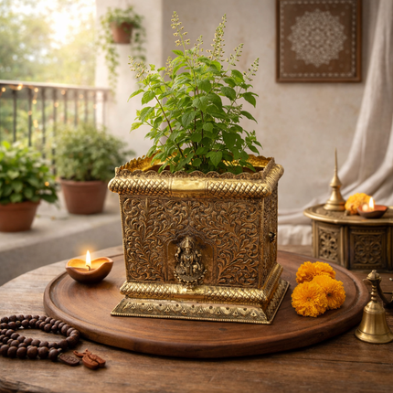 Brass Lakshmi Design Tulsi Planter / Pot