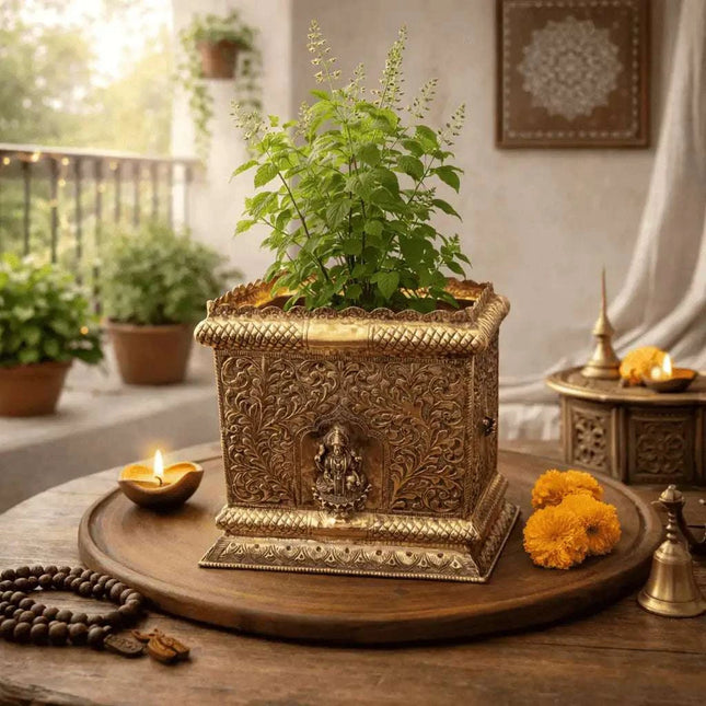 Brass Lakshmi Design Tulsi Planter / Pot