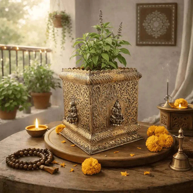 Brass Lakshmi Design Tulsi Planter / Pot