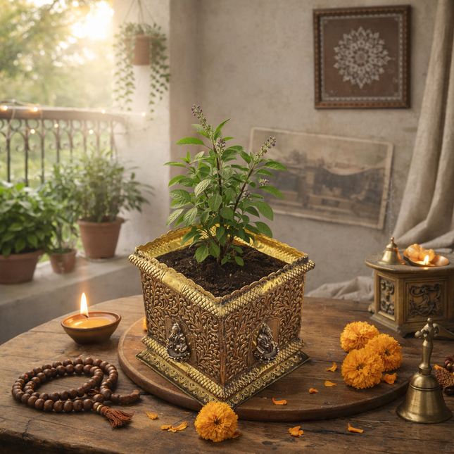 Brass Lakshmi Design Tulsi Planter / Pot