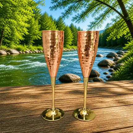 Brass Copper And Steel Hammered Wine Glass Pair