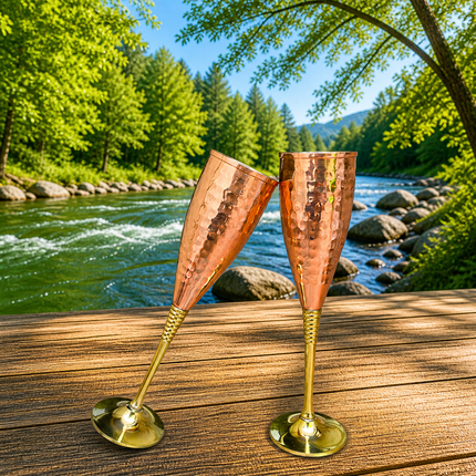 Brass Copper And Steel Hammered Wine Glass Pair