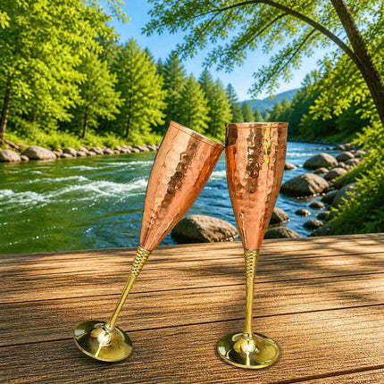 Brass Copper And Steel Hammered Wine Glass Pair