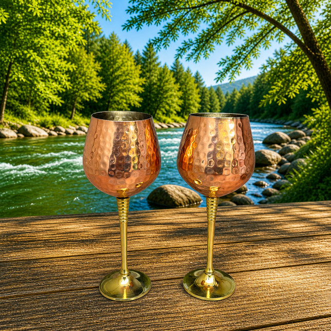 Brass Copper And Steel Hammered Wine Glass Pair