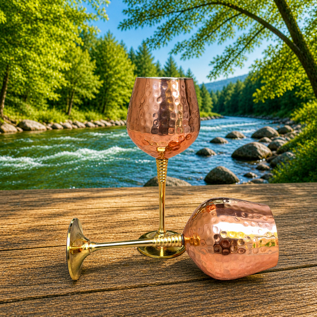 Brass Copper And Steel Hammered Wine Glass Pair