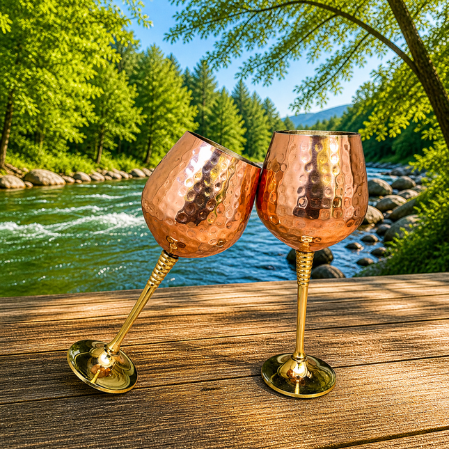 Brass Copper And Steel Hammered Wine Glass Pair