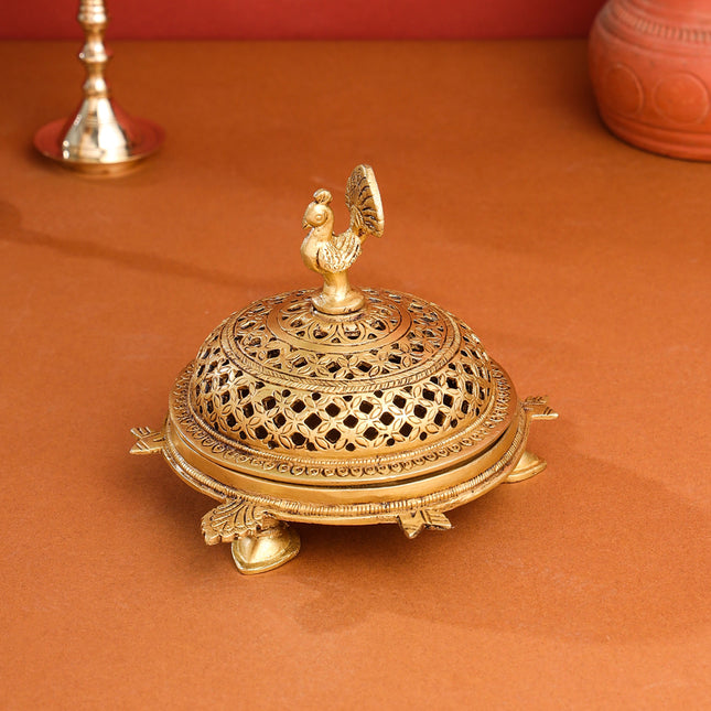 Brass Tortoise Peacock Dhoop Dani & Incense Holder (5 Inch)