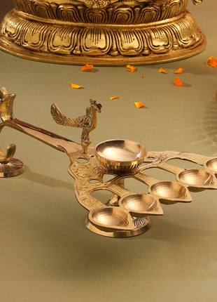 Brass Peacock Panch Aarti With Handle (4.8 Inch)