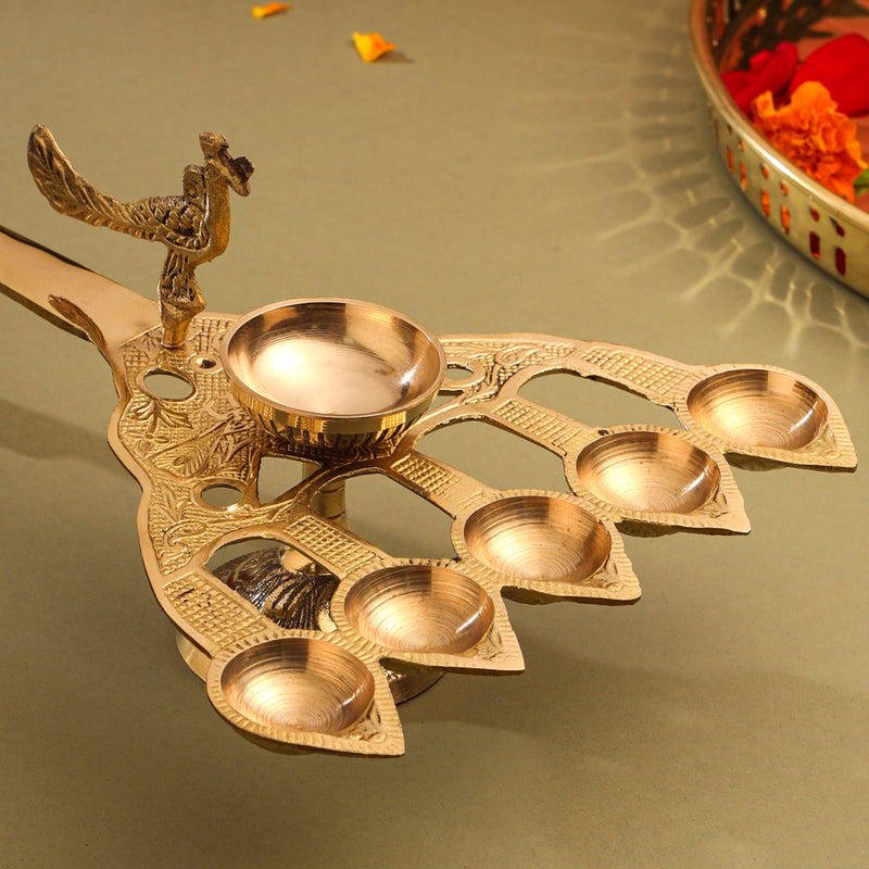 Brass Peacock Panch Aarti With Handle (4.8 Inch)