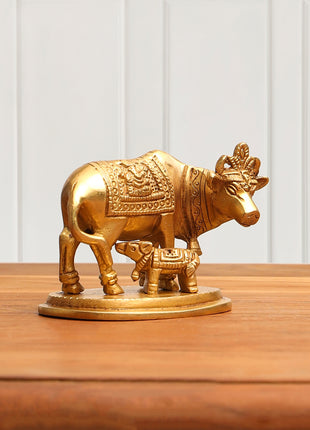 Brass Kamdhenu Cow With Calf Idol (2.5 Inch)