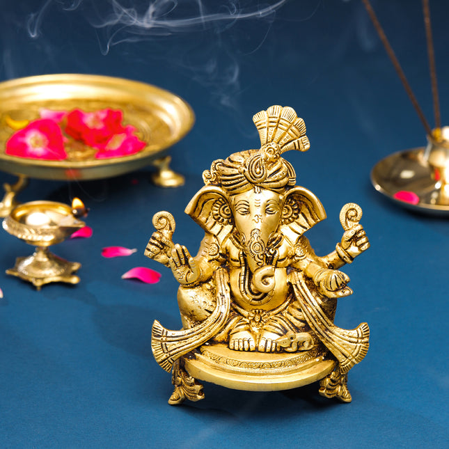 Brass Pagdi Ganesha On Chowki (7.8 Inch)