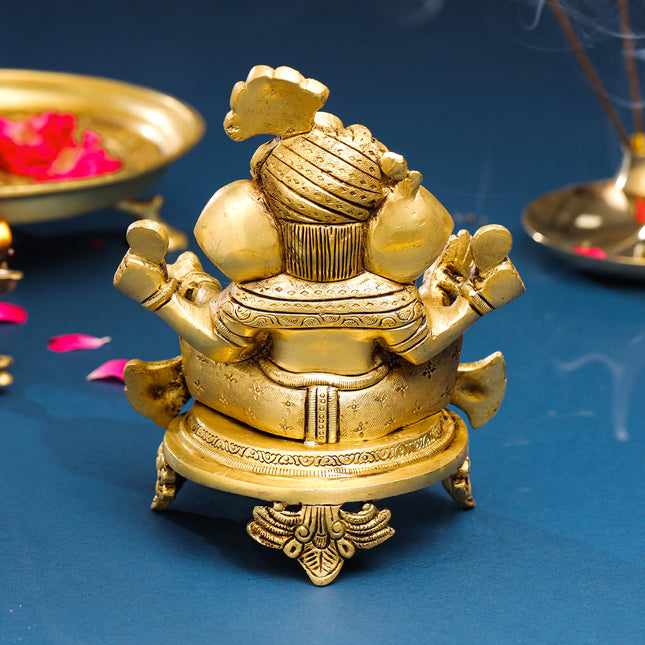 Brass Pagdi Ganesha On Chowki (7.8 Inch)
