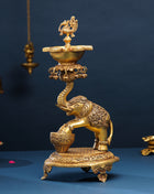 Brass Peacock Diya On Dancing Elephant (18 Inch)