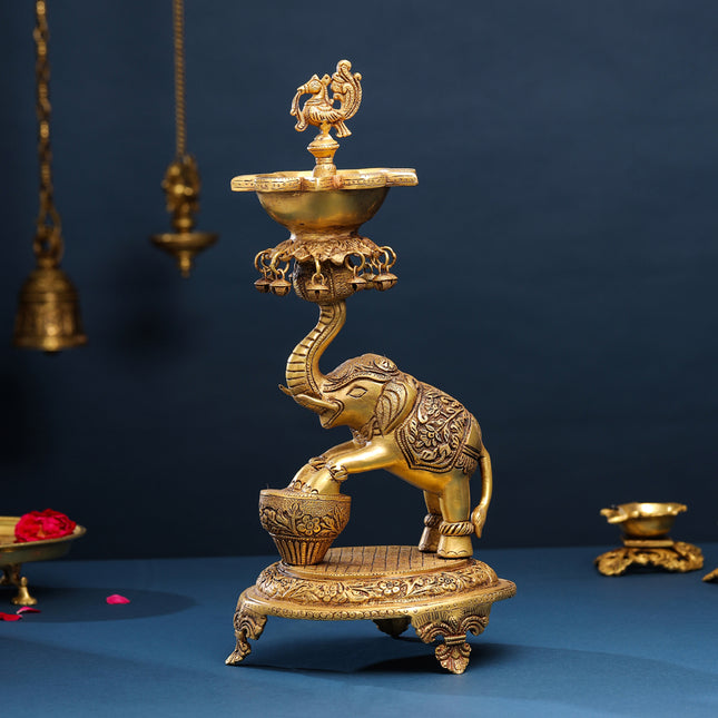 Brass Peacock Diya On Dancing Elephant (18 Inch)