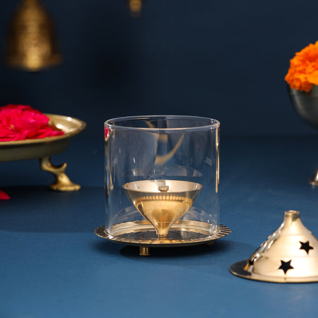 Brass Glass Akhand Jyoti Star Diya (6 Inch)