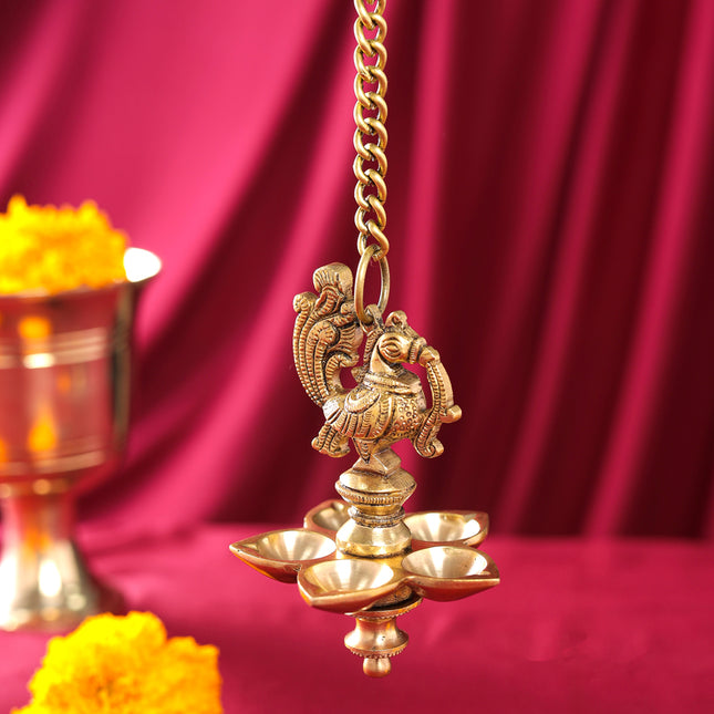 Brass Peacock Five Petal Hanging Diya (26 Inch)