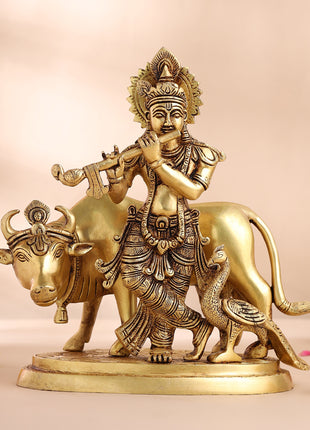 Brass Krishna With Cow Statue (9.5 Inch)