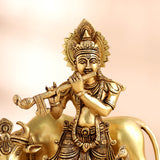 Brass Krishna With Cow Statue (9.5 Inch)