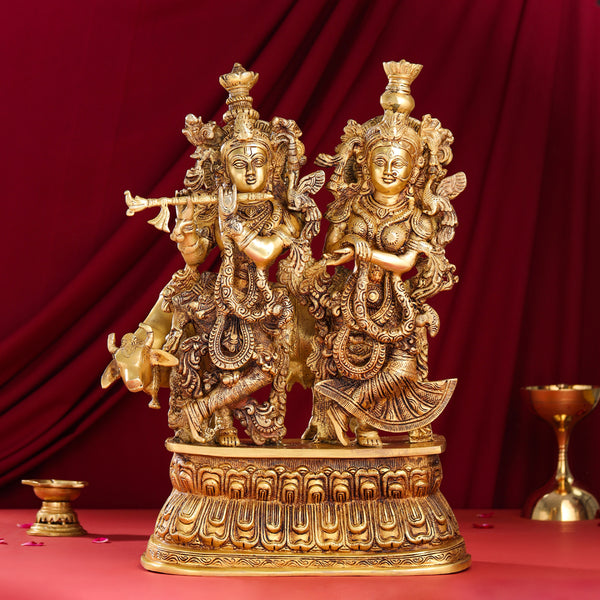 Brass Radha Krishna With Cow Statue (21 Inch)