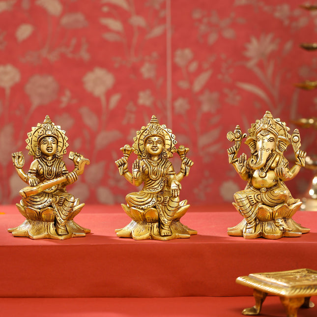 Brass Ganesha, Lakshmi, And Saraswati On Lotus Set (5.5 Inch)
