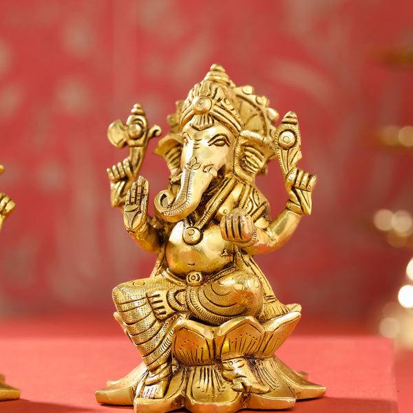 Brass Ganesha, Lakshmi, And Saraswati On Lotus Set (5.5 Inch)
