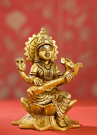 Brass Ganesha, Lakshmi, And Saraswati On Lotus Set (5.5 Inch)