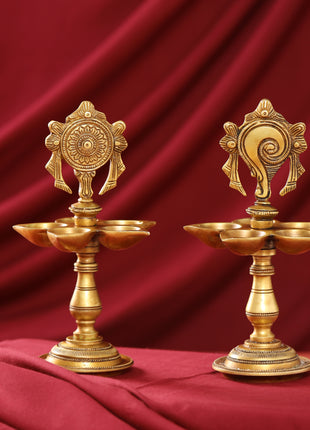 Brass Shankh Chakra Diya/Lamp Set (9 Inch)