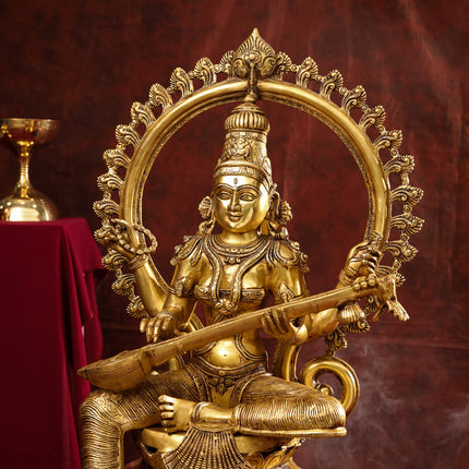 Brass Goddess Frame Saraswati Statue (27 Inch)