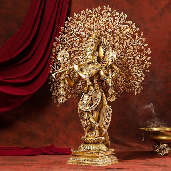 Brass Lord Krishna Statue With Tree (38 Inch)