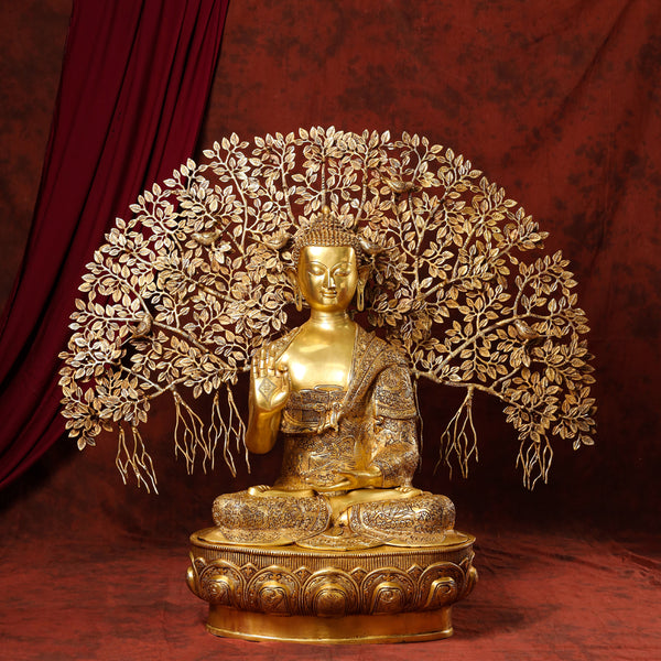 Brass Home Decor Buddha Statue With Tree (42 Inch)