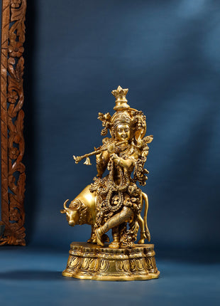 Brass Krishna With Cow Statue (23 Inch)