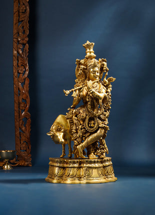 Brass Krishna With Cow Statue (23 Inch)