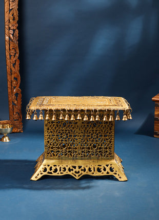 Brass Pooja Stool with Hanging Bells – Traditional & Ornate Design (15 Inch)