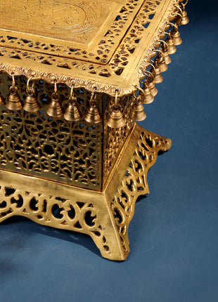 Brass Pooja Stool with Hanging Bells – Traditional & Ornate Design (15 Inch)
