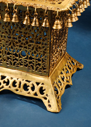 Brass Pooja Stool with Hanging Bells – Traditional & Ornate Design (15 Inch)