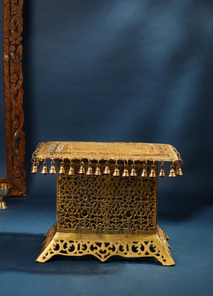 Brass Pooja Stool with Hanging Bells – Traditional & Ornate Design (15 Inch)
