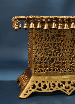 Brass Pooja Stool with Hanging Bells – Traditional & Ornate Design (15 Inch)