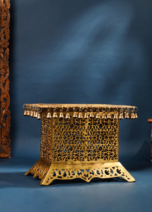 Brass Pooja Stool with Hanging Bells – Traditional & Ornate Design (15 Inch)