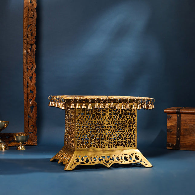 Brass Pooja Stool with Hanging Bells – Traditional & Ornate Design (15 Inch)