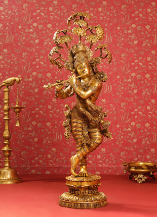 Brass Lord Krishna Statue With Tree (56 Inch)