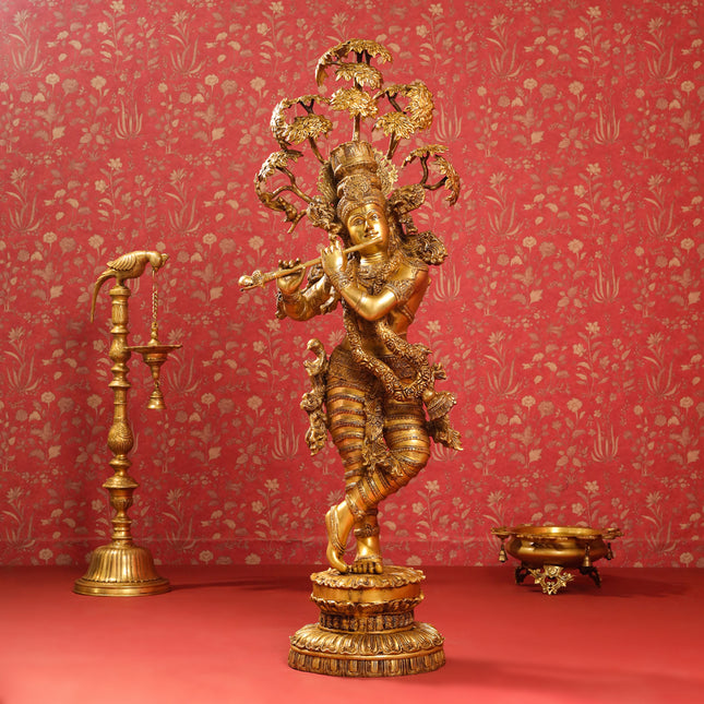 Brass Lord Krishna Statue With Tree (56 Inch)
