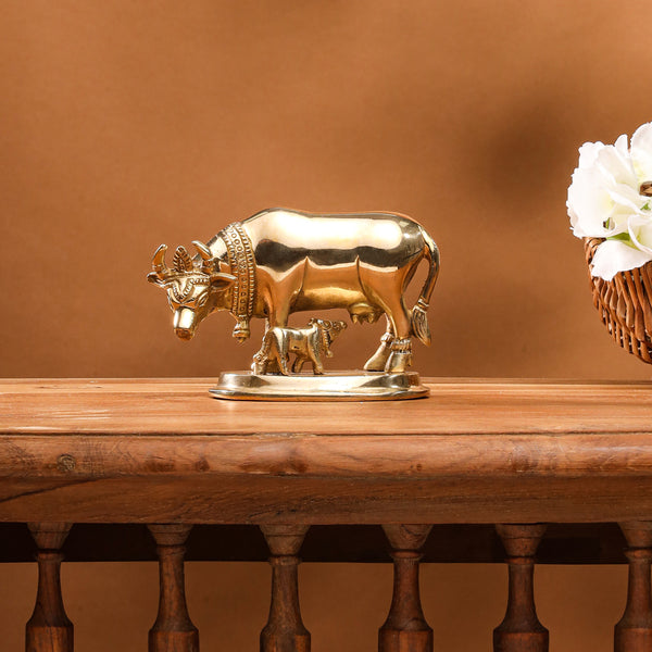 Brass Kamdhenu Cow With Calf Idol