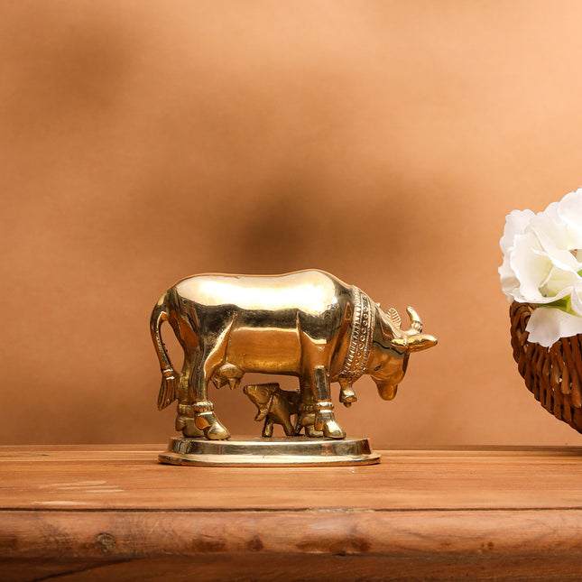 Brass Kamdhenu Cow With Calf Idol