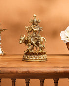 Brass Krishna With Cow Idol (7 Inch)