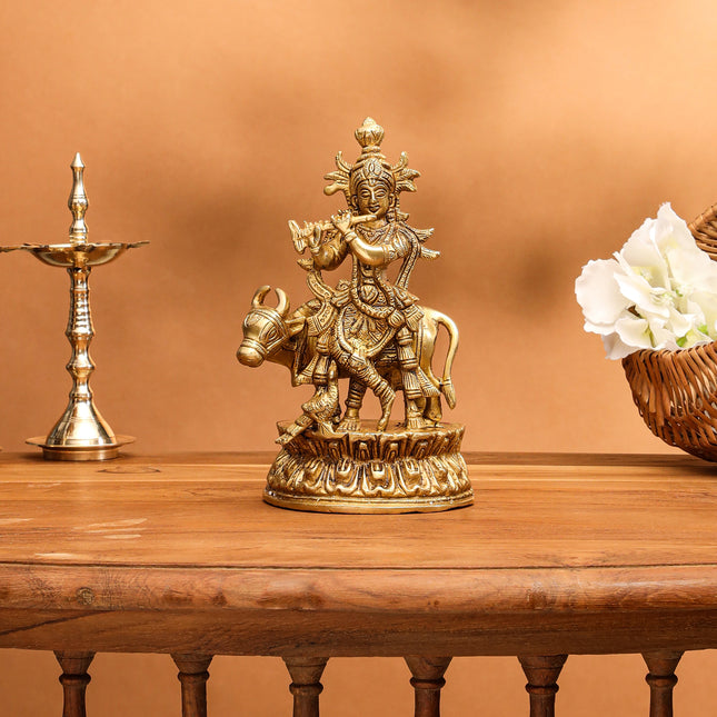 Brass Krishna With Cow Idol (7 Inch)