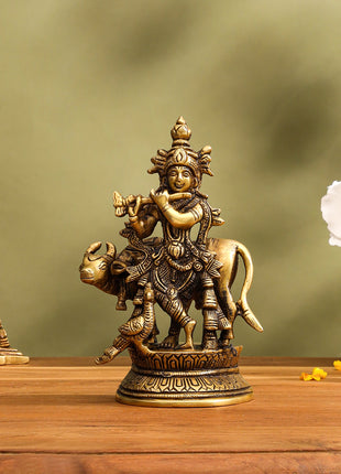 Brass Krishna With Cow Idol (5.5 Inch)