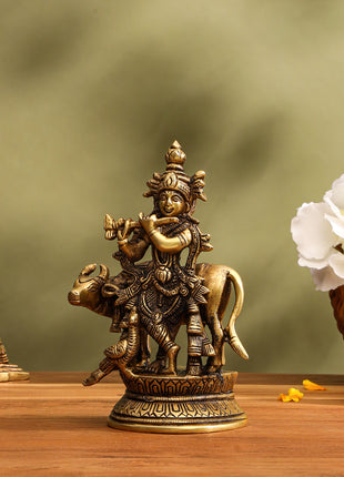 Brass Krishna With Cow Idol (5.5 Inch)